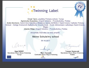 Certyfikat eTwinning otrzymany na zakończenie projektu